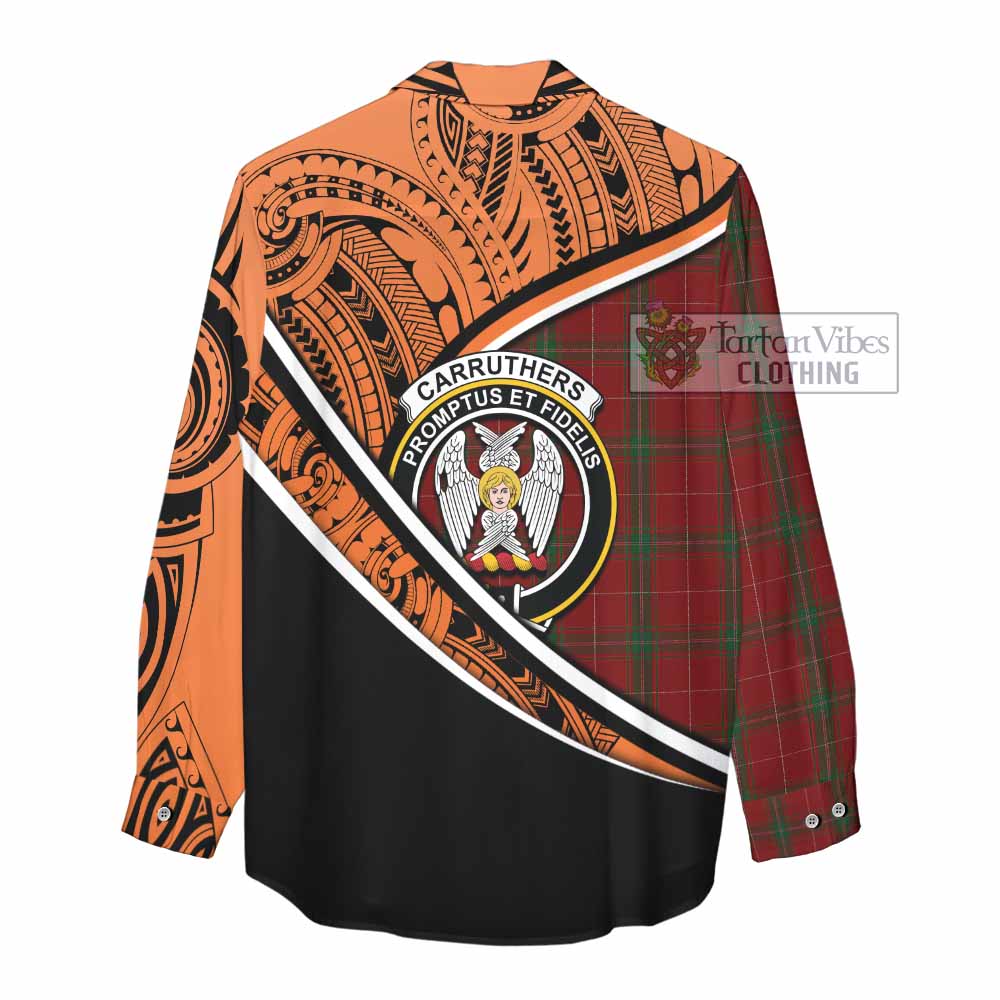 Tartan Vibes Clothing Carruthers Crest Tartan Women's Casual Shirt with Maori Tattoo Style - Orange Version