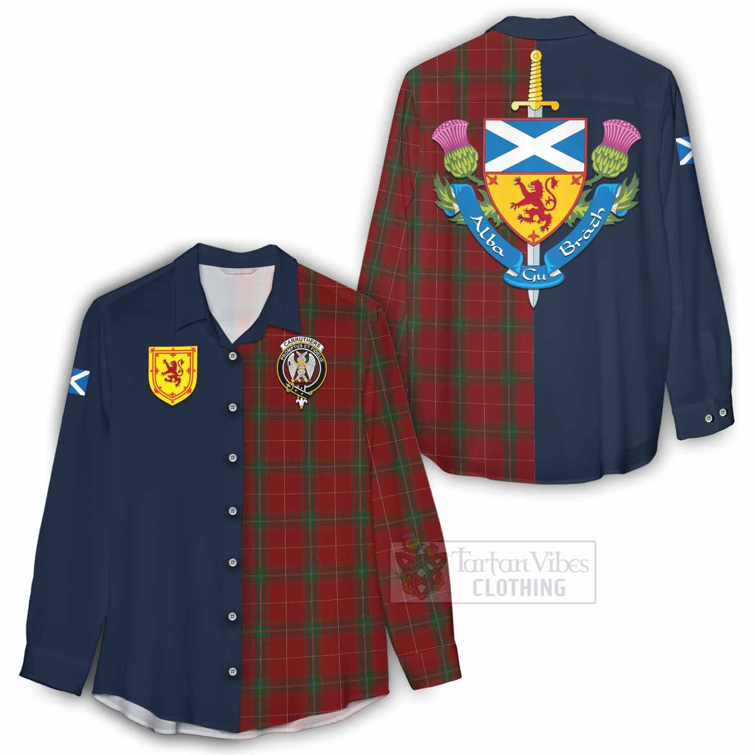 Tartan Vibes Clothing Carruthers Tartan Women's Casual Shirt Alba with Scottish Lion Royal Arm Half Style