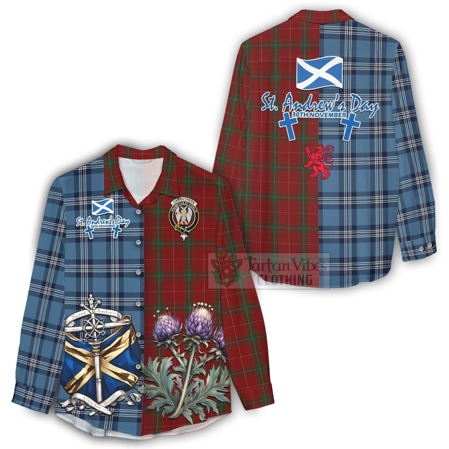 Tartan Vibes Clothing Carruthers Tartan Women's Casual Shirt Happy St. Andrew's Day Half Tartan Style