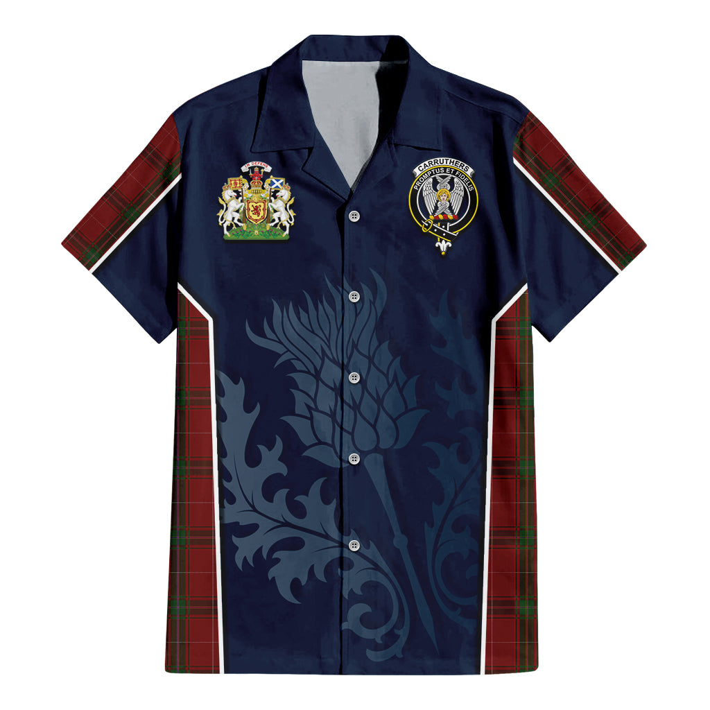 Tartan Vibes Clothing Carruthers Tartan Short Sleeve Button Up Shirt with Family Crest and Scottish Thistle Vibes Sport Style