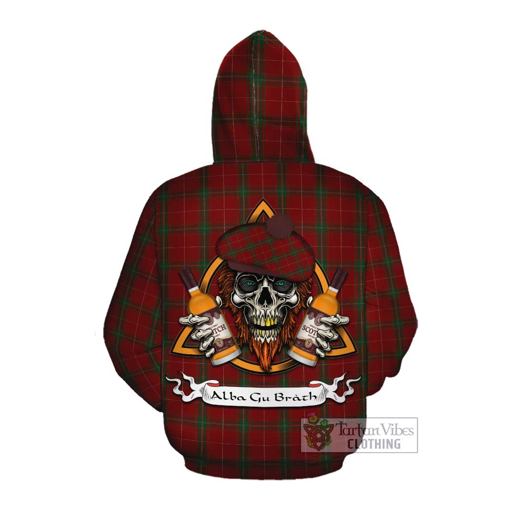 Tartan Vibes Clothing Carruthers Tartan Cotton Hoodie with Family Crest and Bearded Skull Holding Bottles of Whiskey