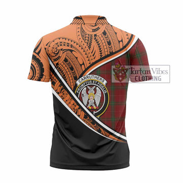 Carruthers Crest Tartan Zipper Polo Shirt with Polynesian Vibes Style - Orange Version