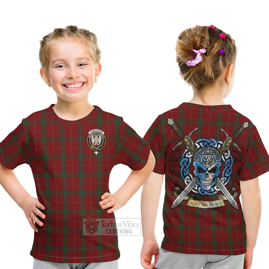 Tartan Vibes Clothing Carruthers Tartan Kid T-Shirt with Family Crest Celtic Skull Style