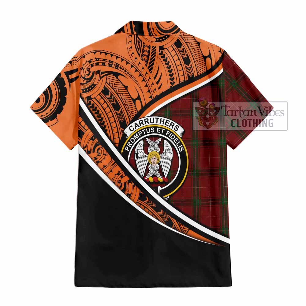 Tartan Vibes Clothing Carruthers Crest Tartan Short Sleeve Button Shirt with Maori Tattoo Style - Orange Version