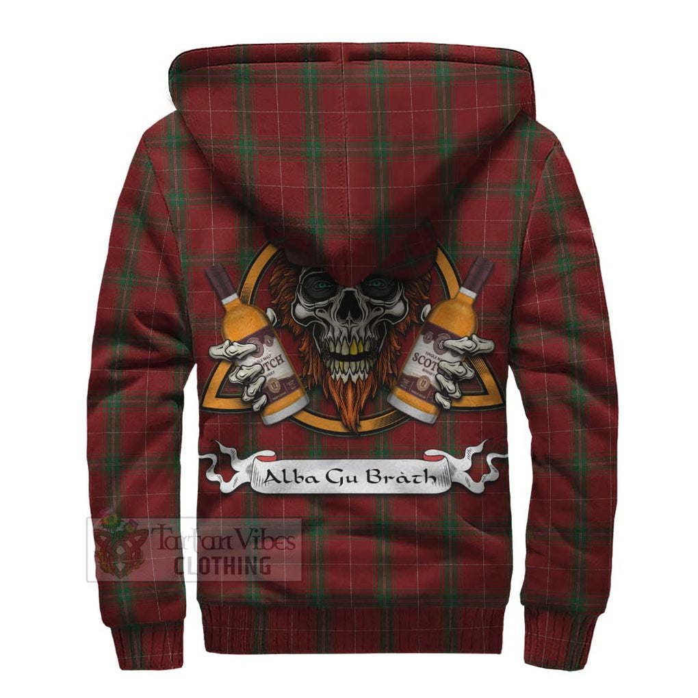 Tartan Vibes Clothing Carruthers Tartan Sherpa Hoodie with Family Crest and Bearded Skull Holding Bottles of Whiskey