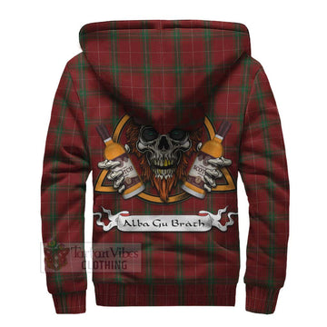 Carruthers Tartan Sherpa Hoodie with Family Crest and Bearded Skull Holding Bottles of Whiskey