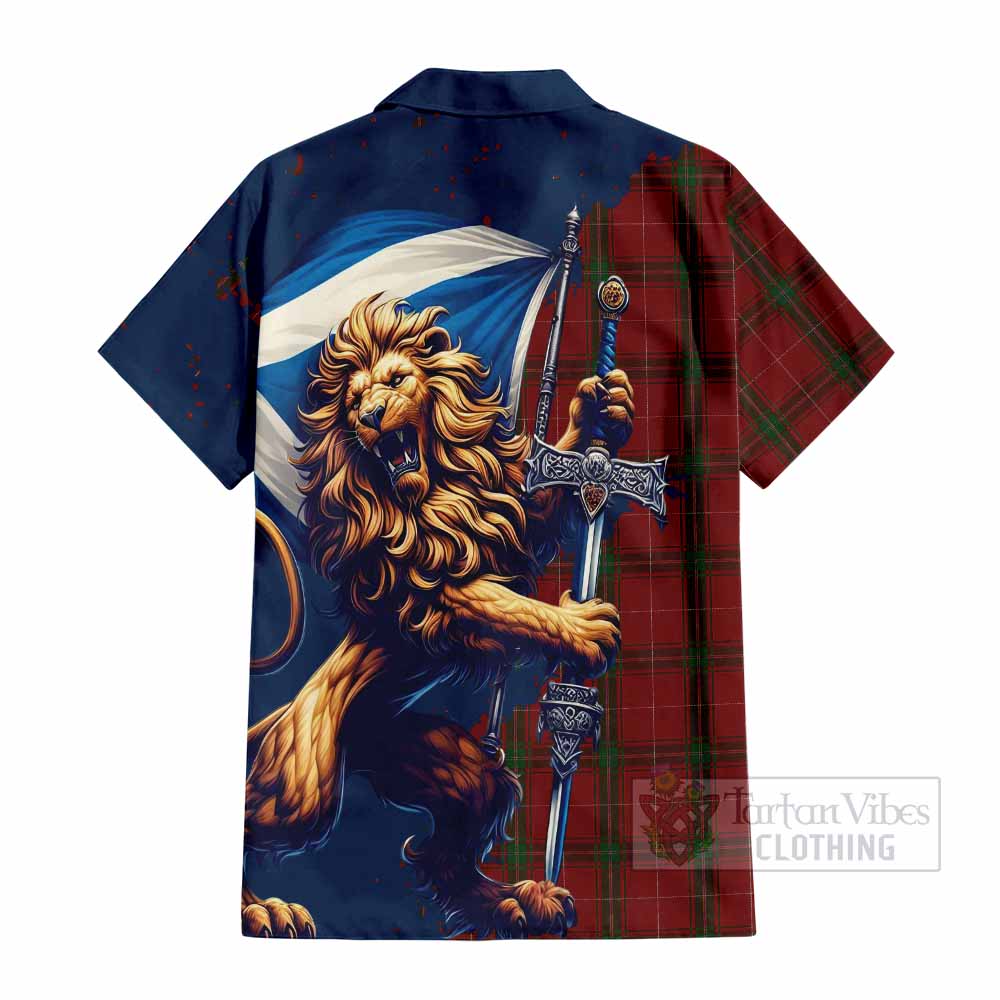 Tartan Vibes Clothing Carruthers Tartan Family Crest Short Sleeve Button Shirt with Scottish Majestic Lion