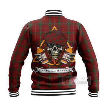 Carruthers Tartan Baseball Jacket with Family Crest and Bearded Skull Holding Bottles of Whiskey