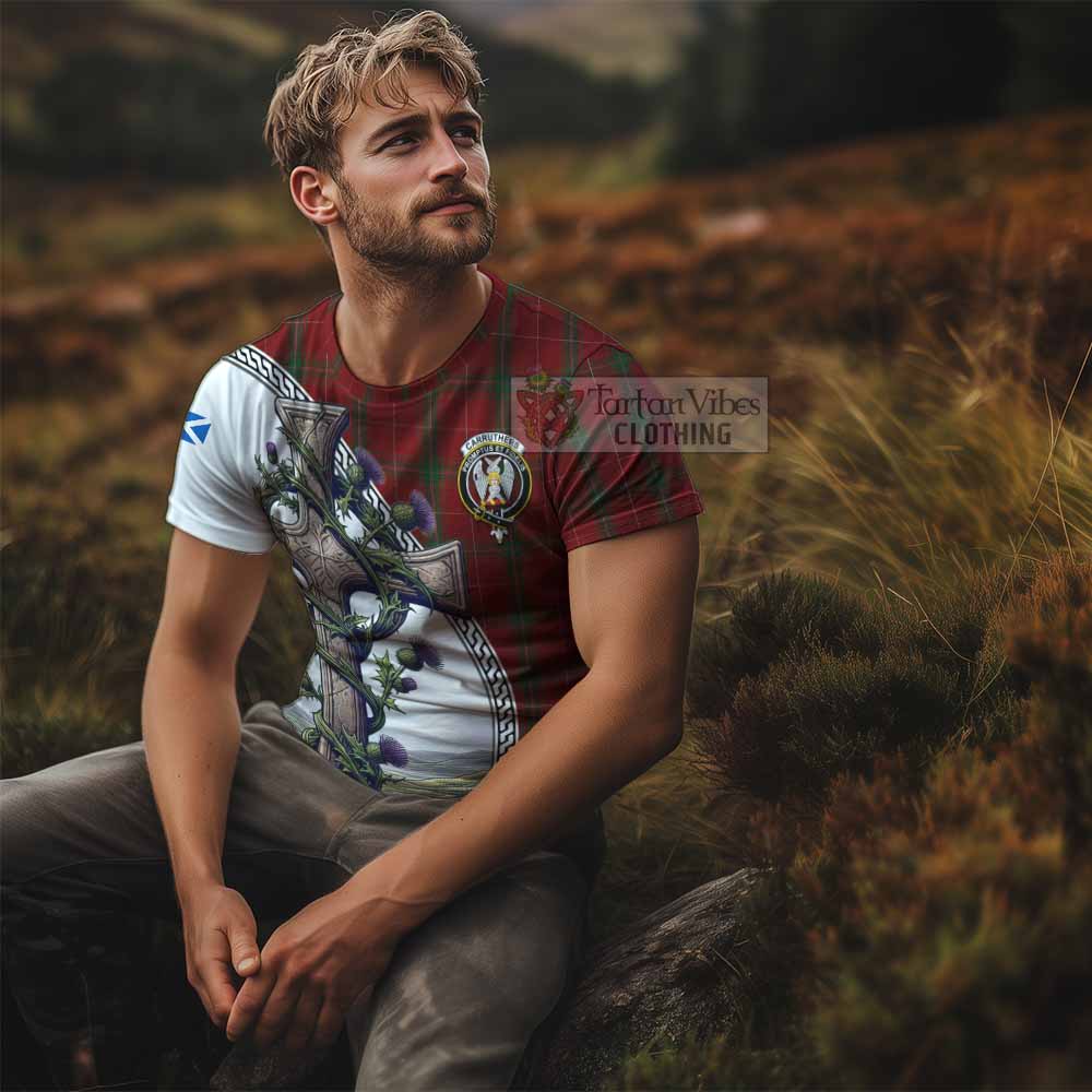 Tartan Vibes Clothing Carruthers Agnew Tartan T-Shirt with Family Crest and St. Andrew's Cross Accented by Thistle Vines