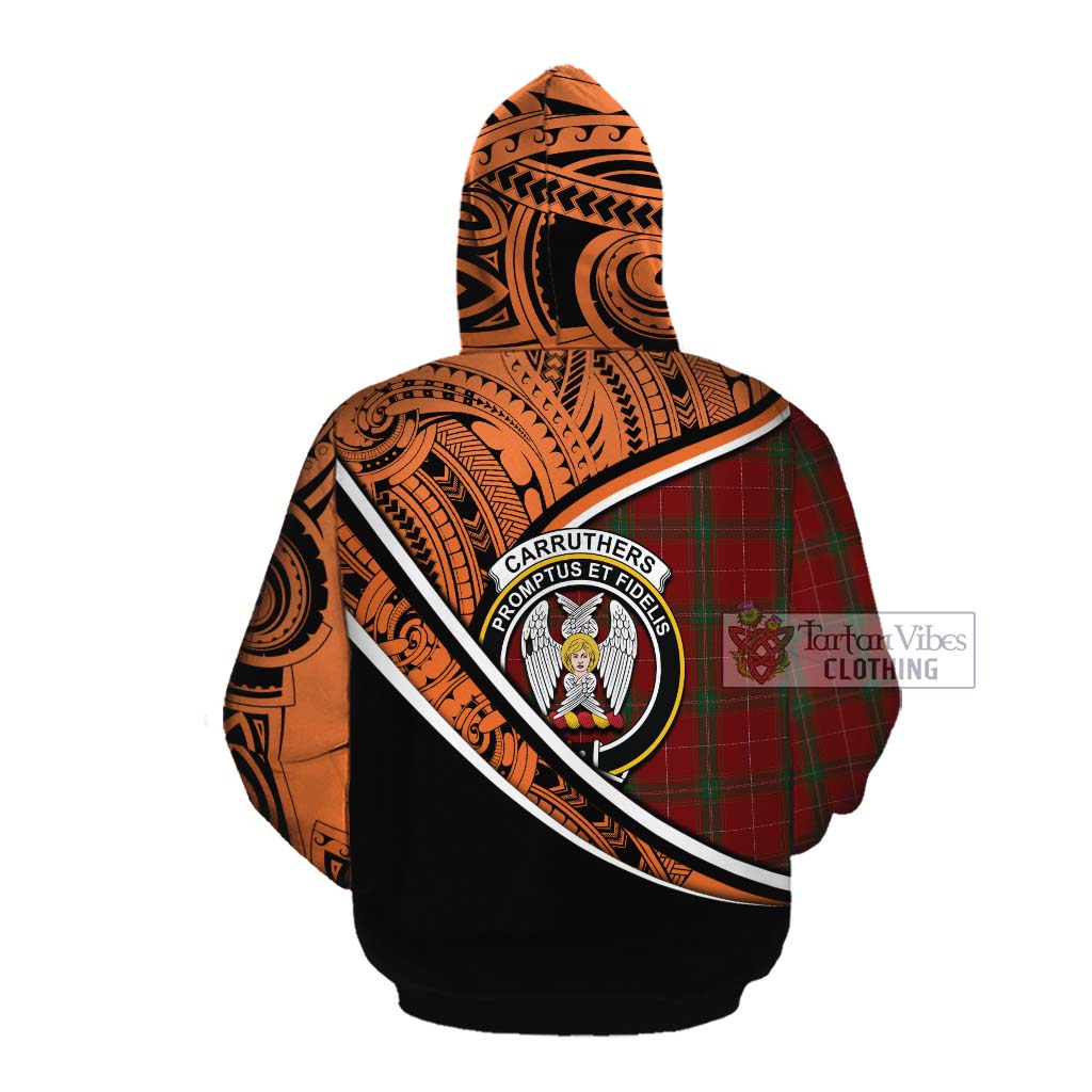 Tartan Vibes Clothing Carruthers Crest Tartan Cotton Hoodie with Maori Tattoo Style - Orange Version