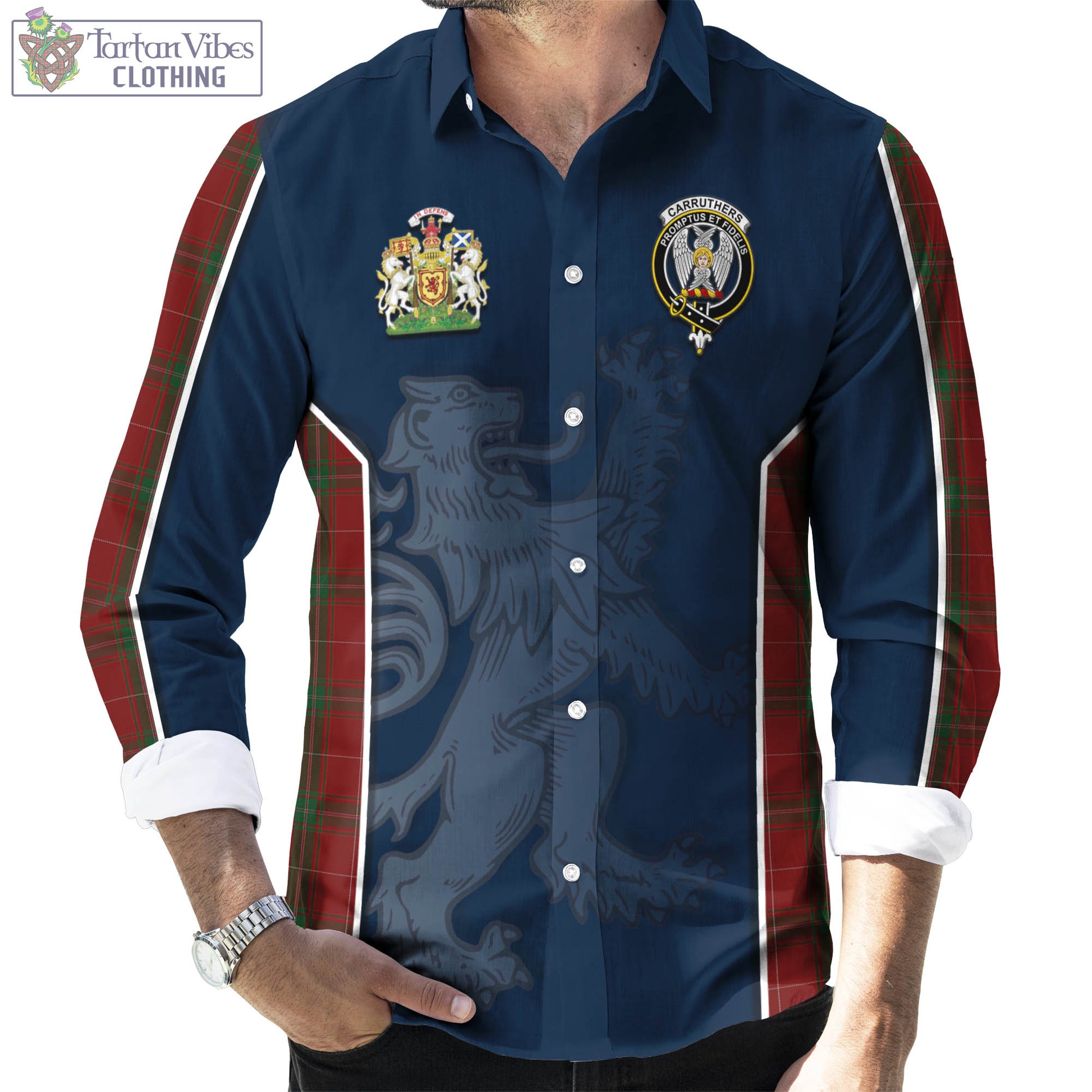 Tartan Vibes Clothing Carruthers Tartan Long Sleeve Button Up Shirt with Family Crest and Lion Rampant Vibes Sport Style