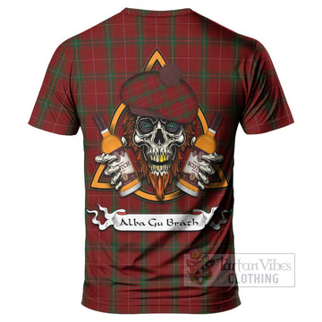 Carruthers Tartan T-Shirt with Family Crest and Bearded Skull Holding Bottles of Whiskey