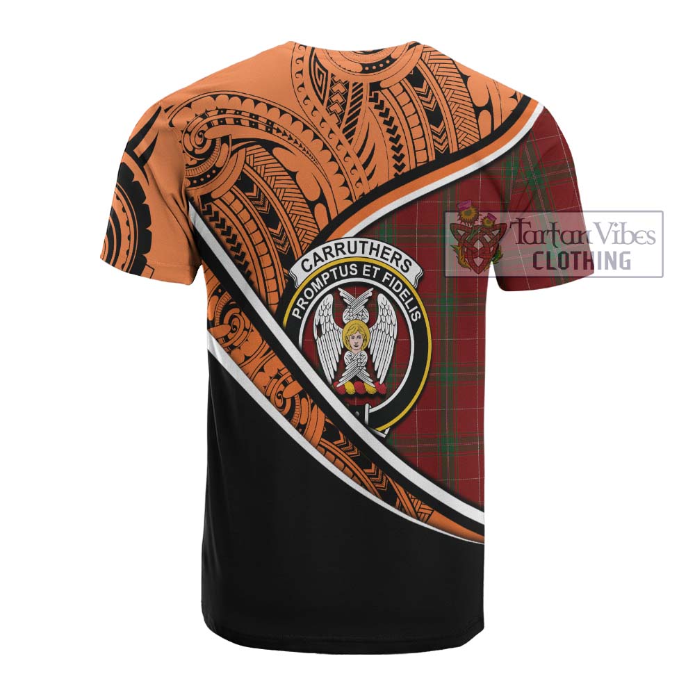 Tartan Vibes Clothing Carruthers Crest Tartan Cotton T-shirt with Maori Tattoo Style - Orange Version