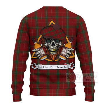 Carruthers Tartan Ugly Sweater with Family Crest and Bearded Skull Holding Bottles of Whiskey