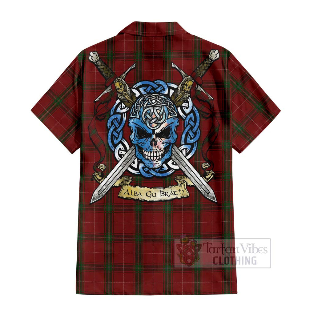 Tartan Vibes Clothing Carruthers Tartan Short Sleeve Button Shirt with Family Crest Celtic Skull Style