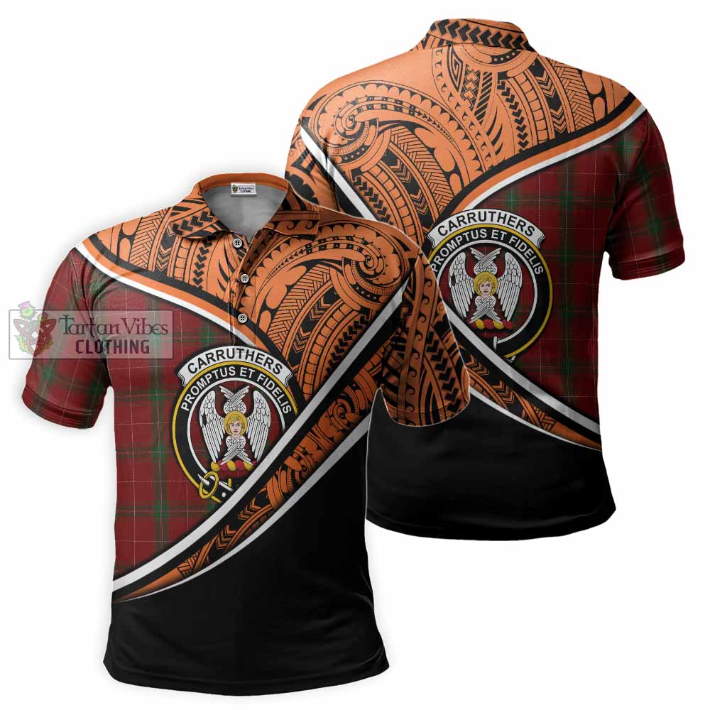 Tartan Vibes Clothing Carruthers Crest Tartan Polo Shirt with Maori Tattoo Style - Orange Version