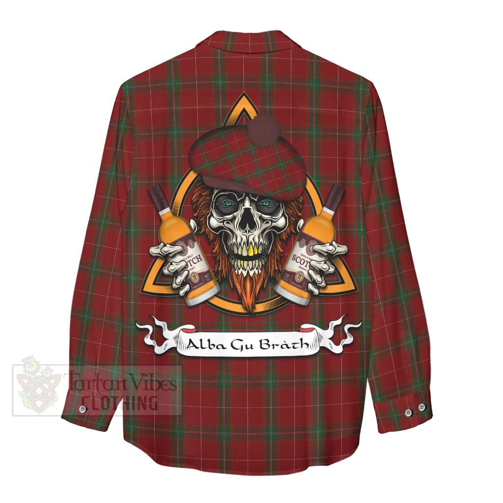 Tartan Vibes Clothing Carruthers Tartan Women's Casual Shirt with Family Crest and Bearded Skull Holding Bottles of Whiskey