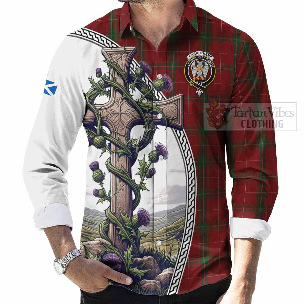 Tartan Vibes Clothing Carruthers Tartan Long Sleeve Button Shirt with Family Crest and St. Andrew's Cross Accented by Thistle Vines