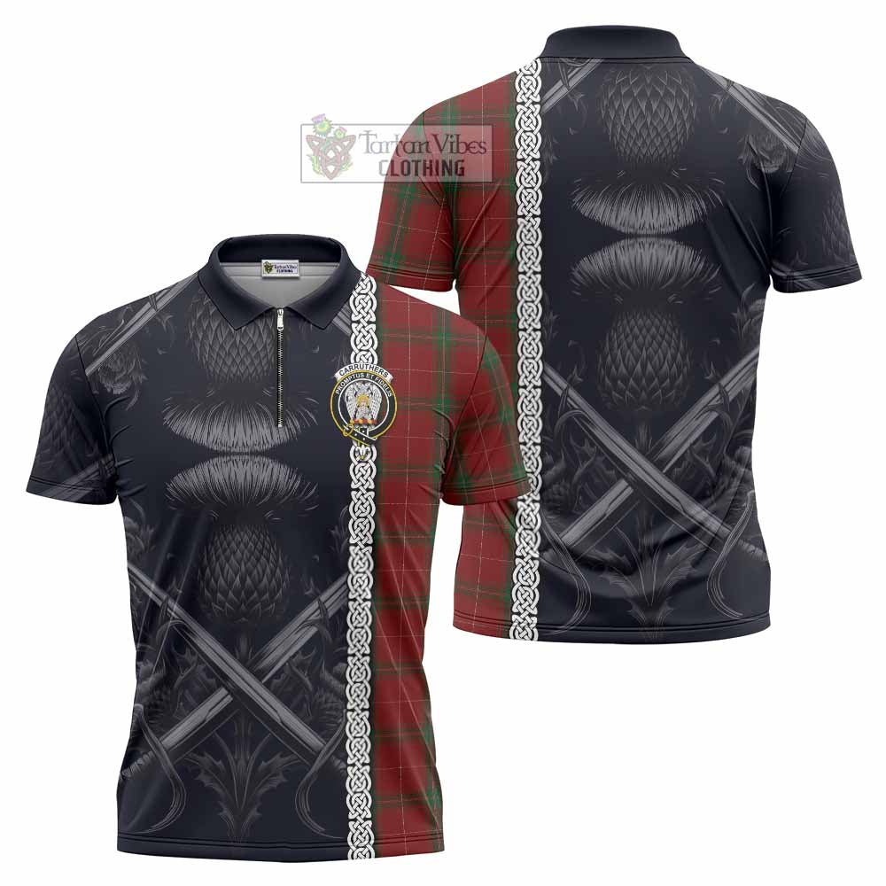 Tartan Vibes Clothing Carruthers Tartan Zipper Polo Shirt with Family Crest Cross Sword Thistle Celtic Vibes