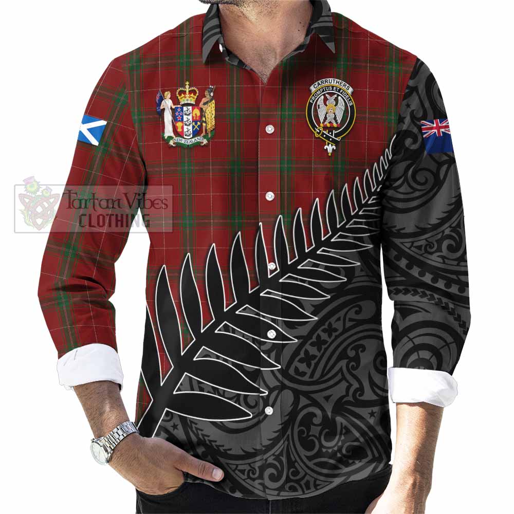 Tartan Vibes Clothing Carruthers Crest Tartan Long Sleeve Button Shirt with New Zealand Silver Fern Half Style