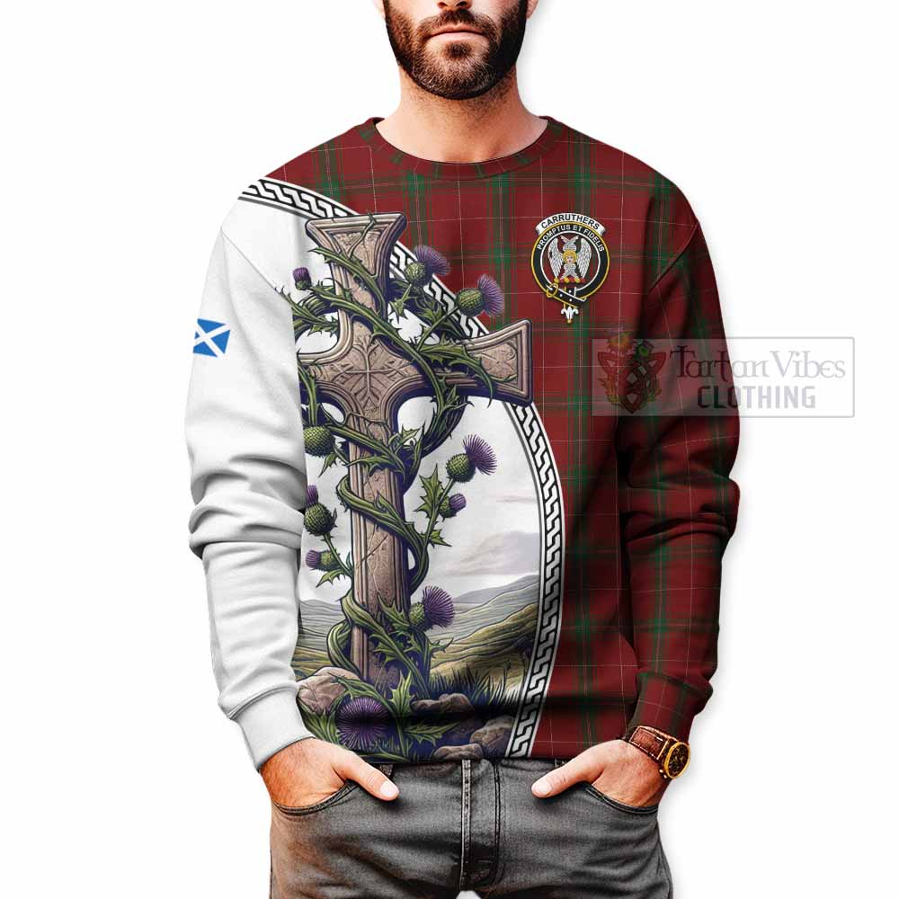 Tartan Vibes Clothing Carruthers Tartan Sweatshirt with Family Crest and St. Andrew's Cross Accented by Thistle Vines