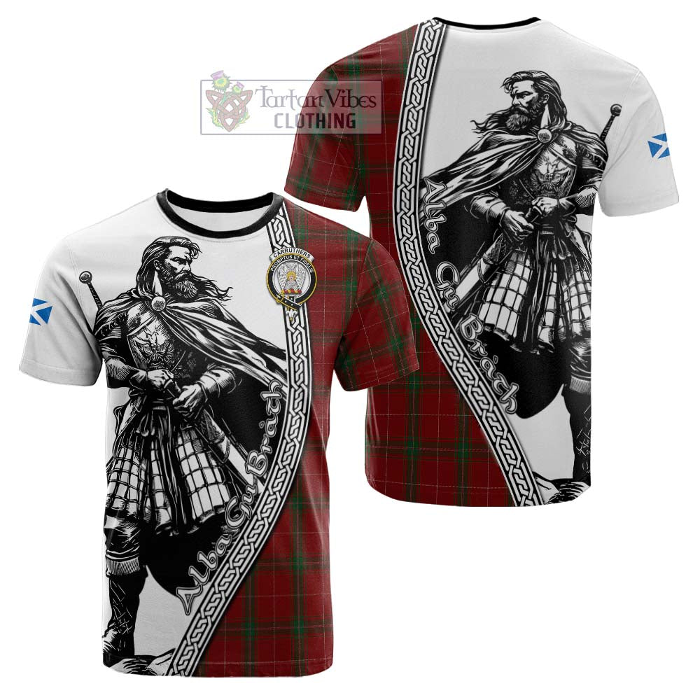 Carruthers Tartan Clan Crest Cotton T-shirt with Highlander Warrior Celtic Style