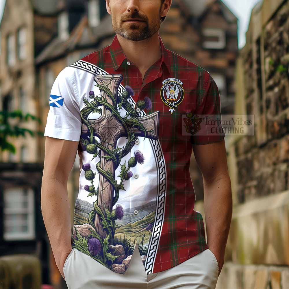 Tartan Vibes Clothing Carruthers Tartan Short Sleeve Button Shirt with Family Crest and St. Andrew's Cross Accented by Thistle Vines