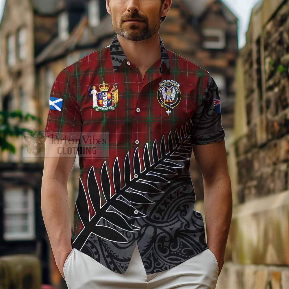 Tartan Vibes Clothing Carruthers Crest Tartan Short Sleeve Button Shirt with New Zealand Silver Fern Half Style