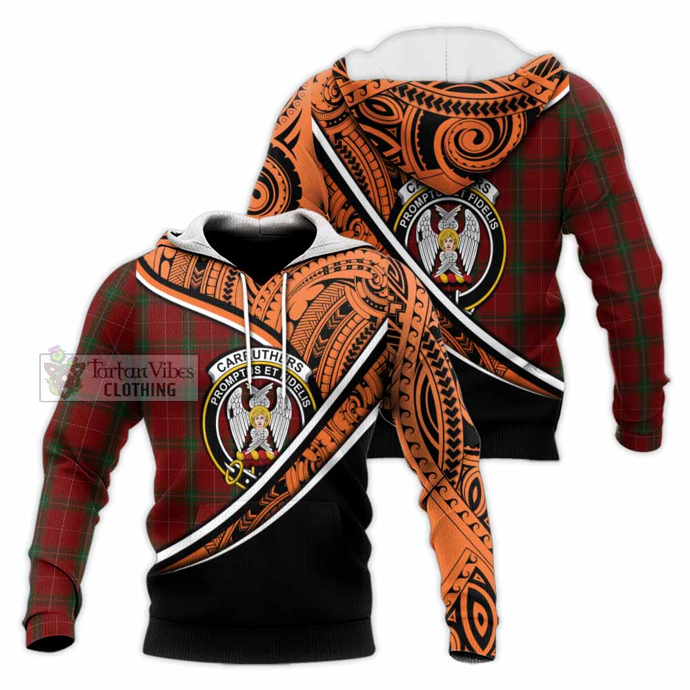 Tartan Vibes Clothing Carruthers Crest Tartan Knitted Hoodie with Maori Tattoo Style - Orange Version