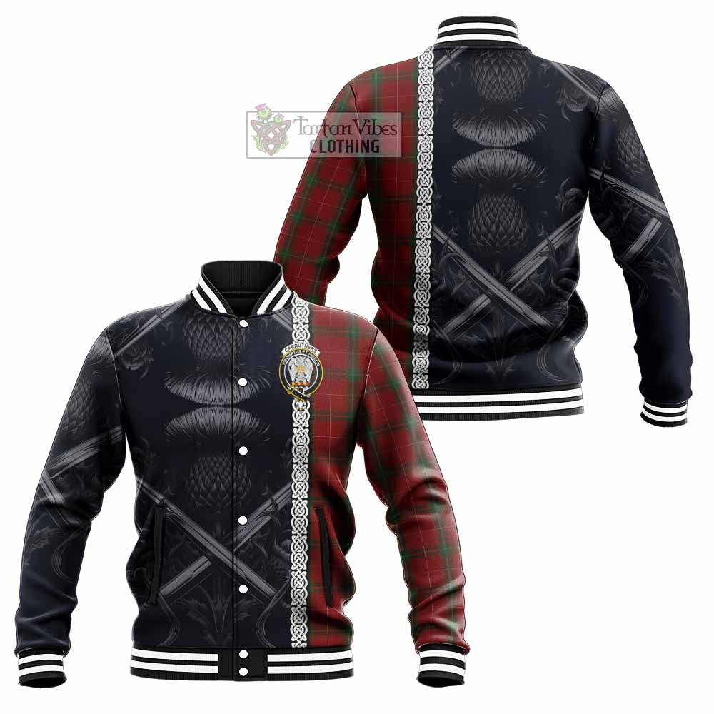 Tartan Vibes Clothing Carruthers Tartan Baseball Jacket with Family Crest Cross Sword Thistle Celtic Vibes