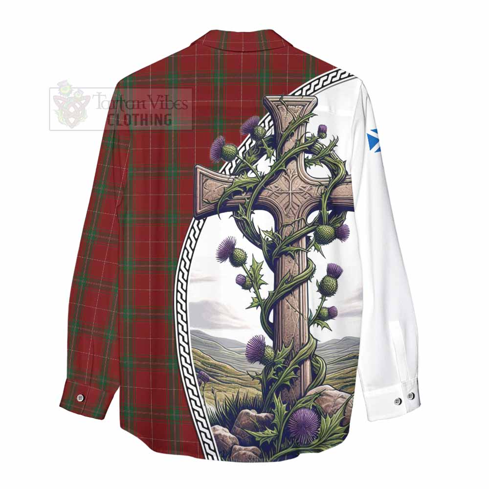 Tartan Vibes Clothing Carruthers Tartan Women's Casual Shirt with Family Crest and St. Andrew's Cross Accented by Thistle Vines