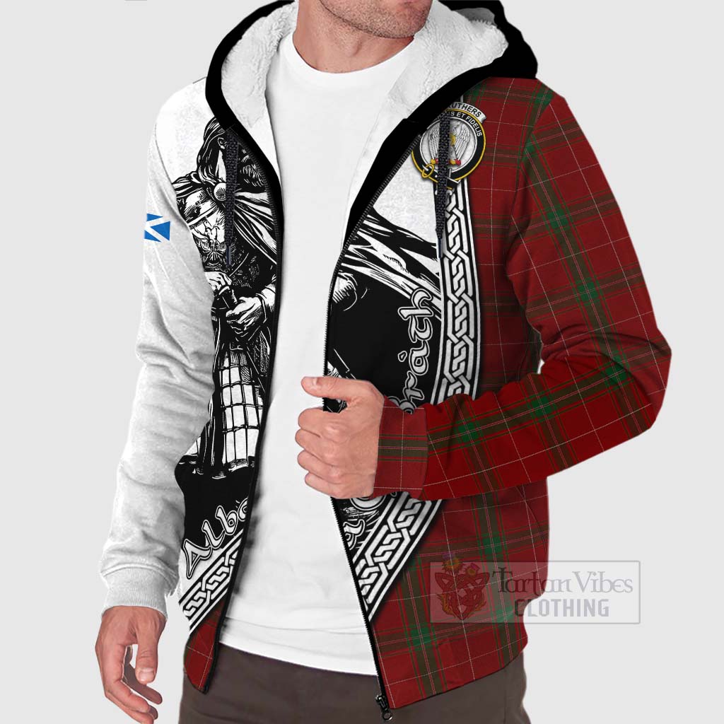 Tartan Vibes Clothing Carruthers Tartan Clan Crest Sherpa Hoodie with Highlander Warrior Celtic Style