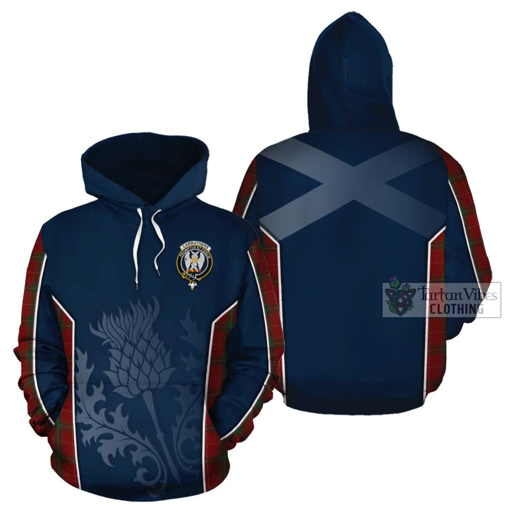 Tartan Vibes Clothing Carruthers Tartan Cotton Hoodie with Family Crest and Scottish Thistle Vibes Sport Style