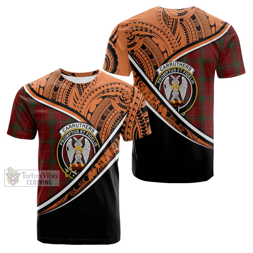 Tartan Vibes Clothing Carruthers Crest Tartan Cotton T-shirt with Maori Tattoo Style - Orange Version