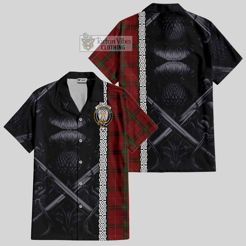 Tartan Vibes Clothing Carruthers Tartan Short Sleeve Button Shirt with Family Crest Cross Sword Thistle Celtic Vibes