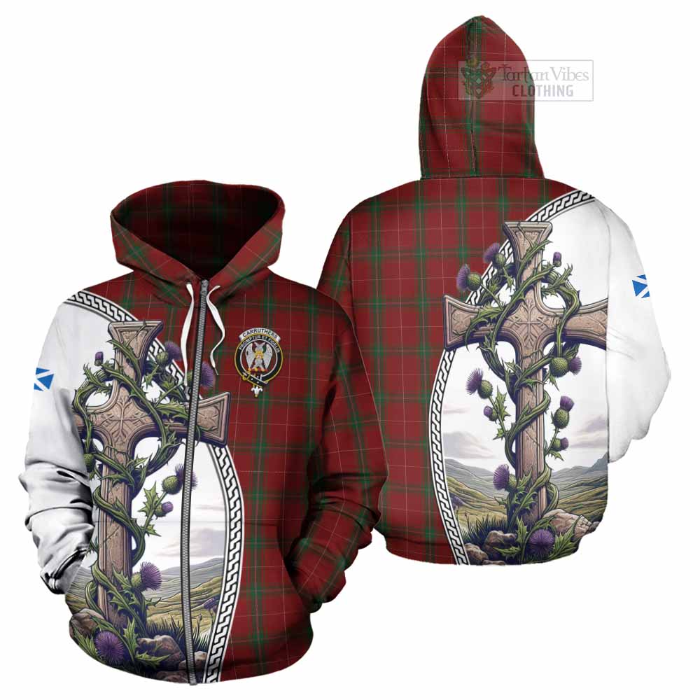 Carruthers Tartan Hoodie with Family Crest and St. Andrew's Cross Accented by Thistle Vines - Tartan Vibes Clothing