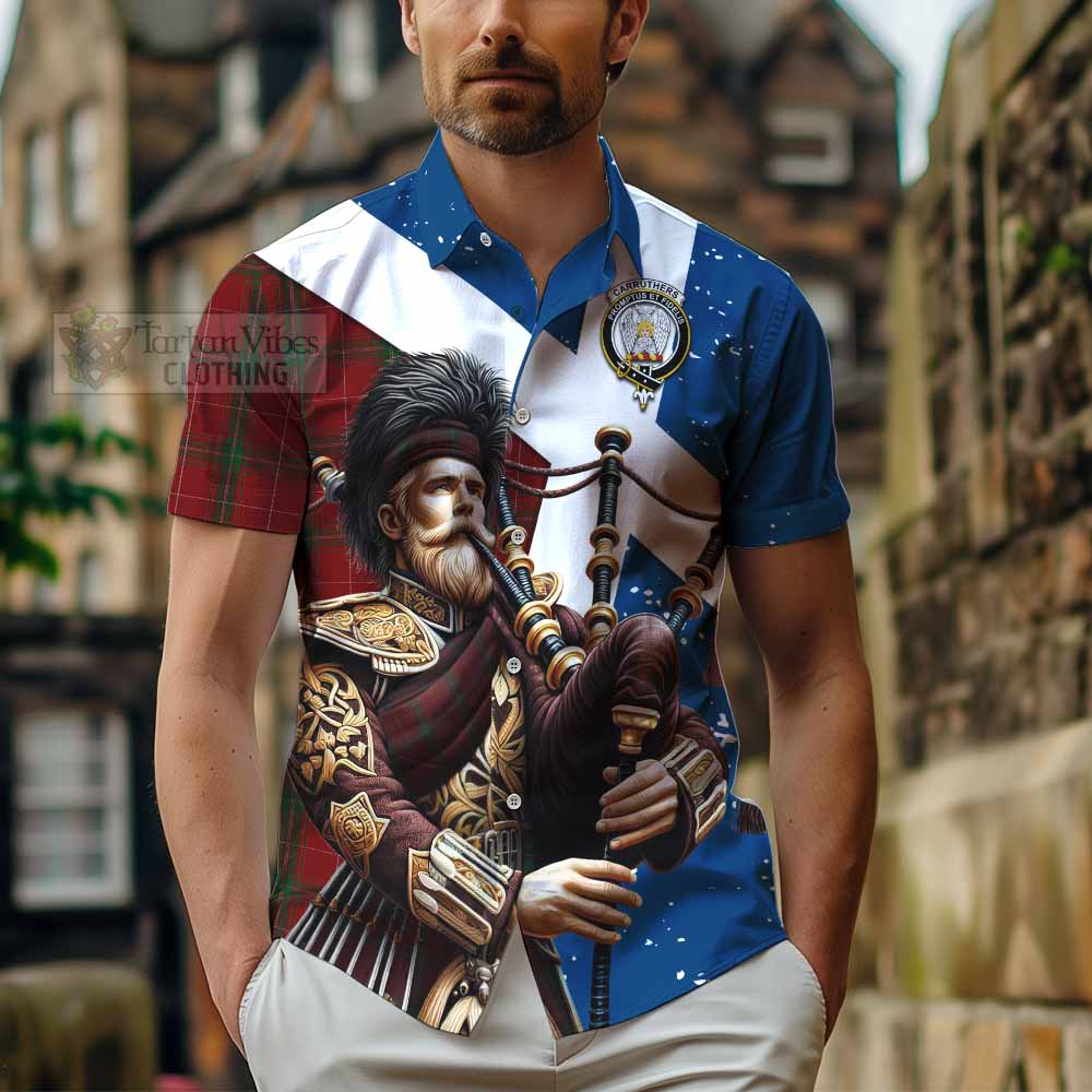 Tartan Vibes Clothing Carruthers Tartan Short Sleeve Button Shirt with Family Crest Scottish Bagpiper Vibes