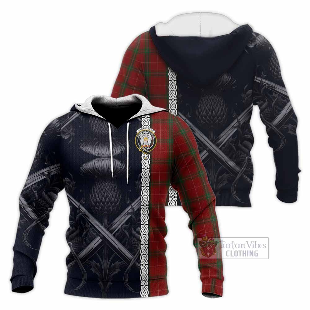 Tartan Vibes Clothing Carruthers Tartan Knitted Hoodie with Family Crest Cross Sword Thistle Celtic Vibes