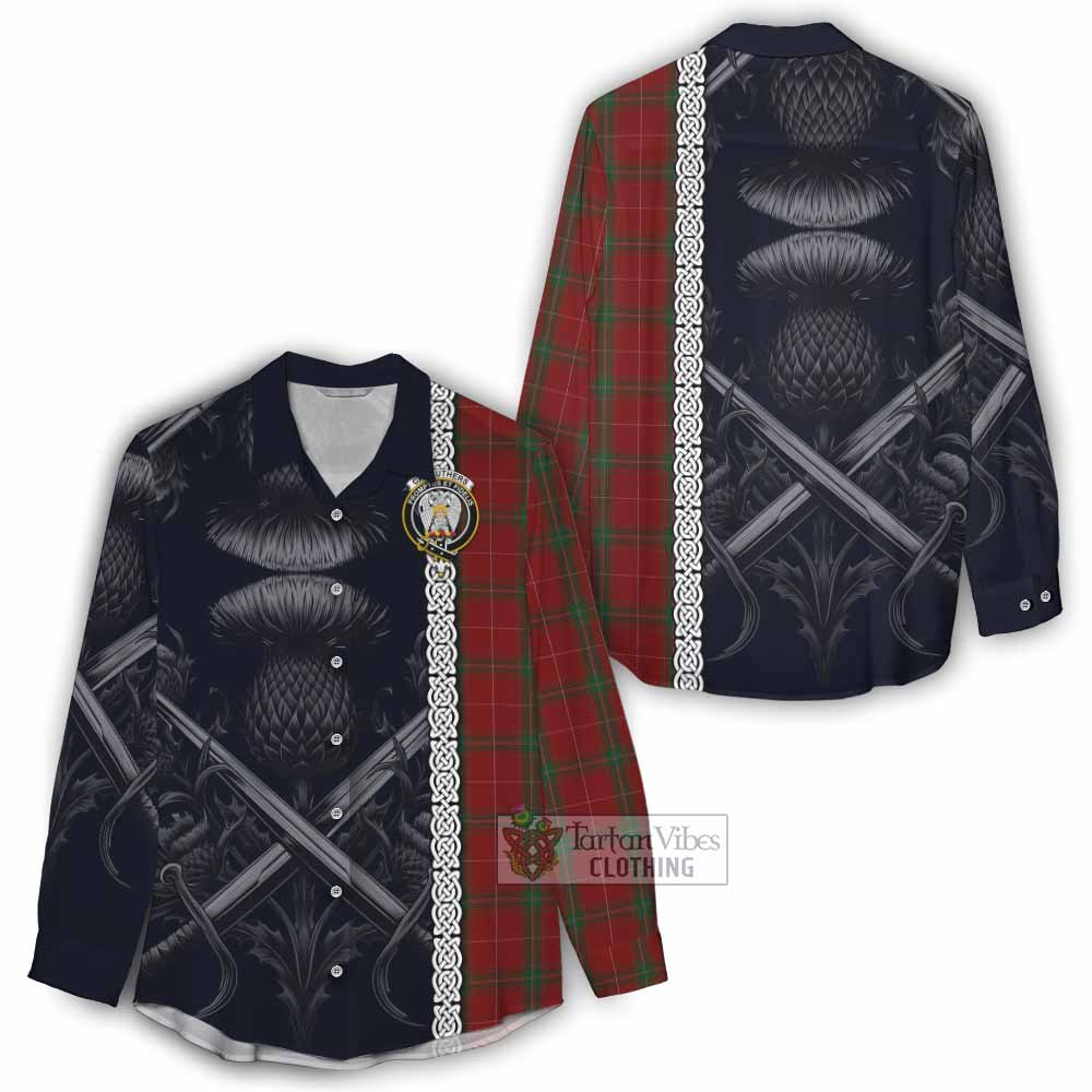 Tartan Vibes Clothing Carruthers Tartan Women's Casual Shirt with Family Crest Cross Sword Thistle Celtic Vibes