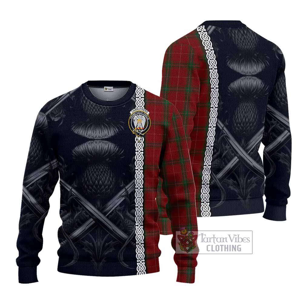 Tartan Vibes Clothing Carruthers Tartan Knitted Sweater with Family Crest Cross Sword Thistle Celtic Vibes