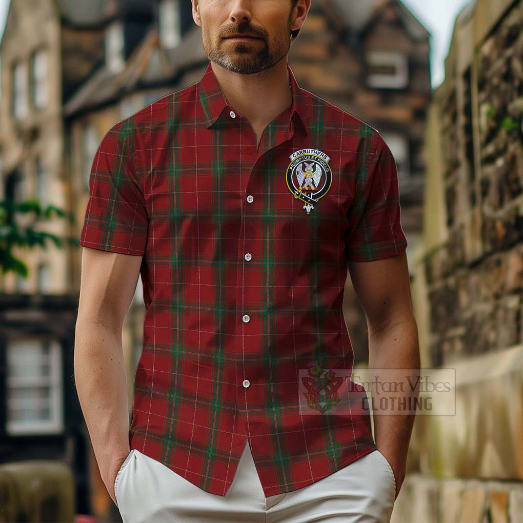 Tartan Vibes Clothing Carruthers Tartan Short Sleeve Button Shirt with Family Crest and Bearded Skull Holding Bottles of Whiskey