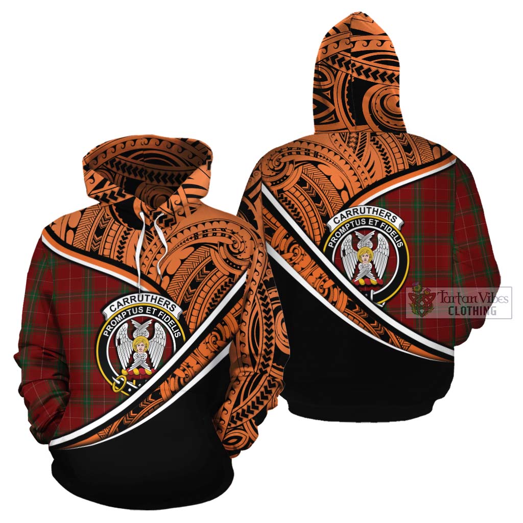 Tartan Vibes Clothing Carruthers Crest Tartan Cotton Hoodie with Maori Tattoo Style - Orange Version