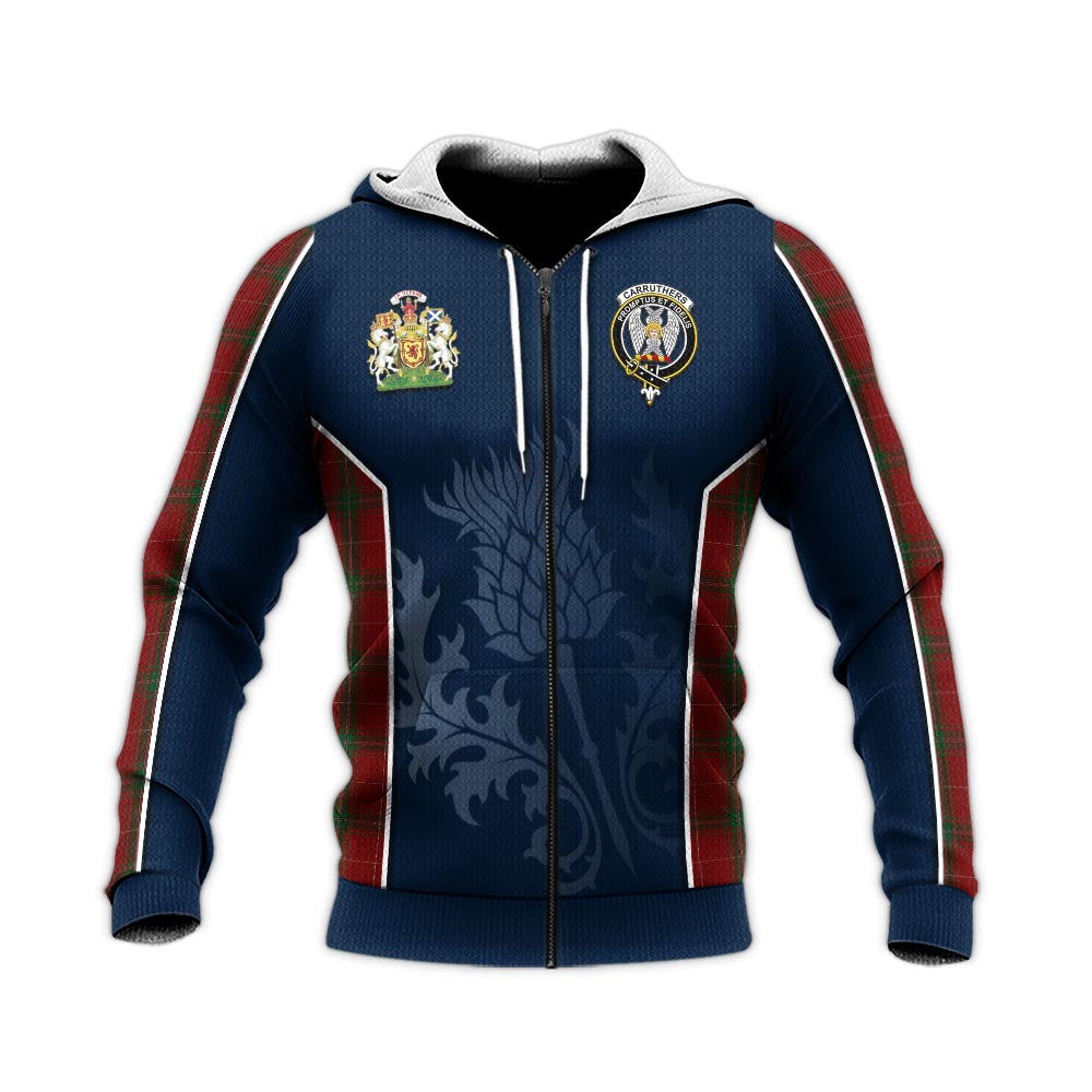 Tartan Vibes Clothing Carruthers Tartan Knitted Hoodie with Family Crest and Scottish Thistle Vibes Sport Style