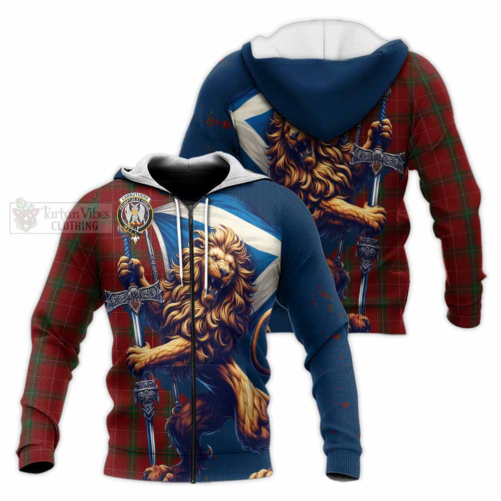 Tartan Vibes Clothing Carruthers Tartan Family Crest Knitted Hoodie with Scottish Majestic Lion