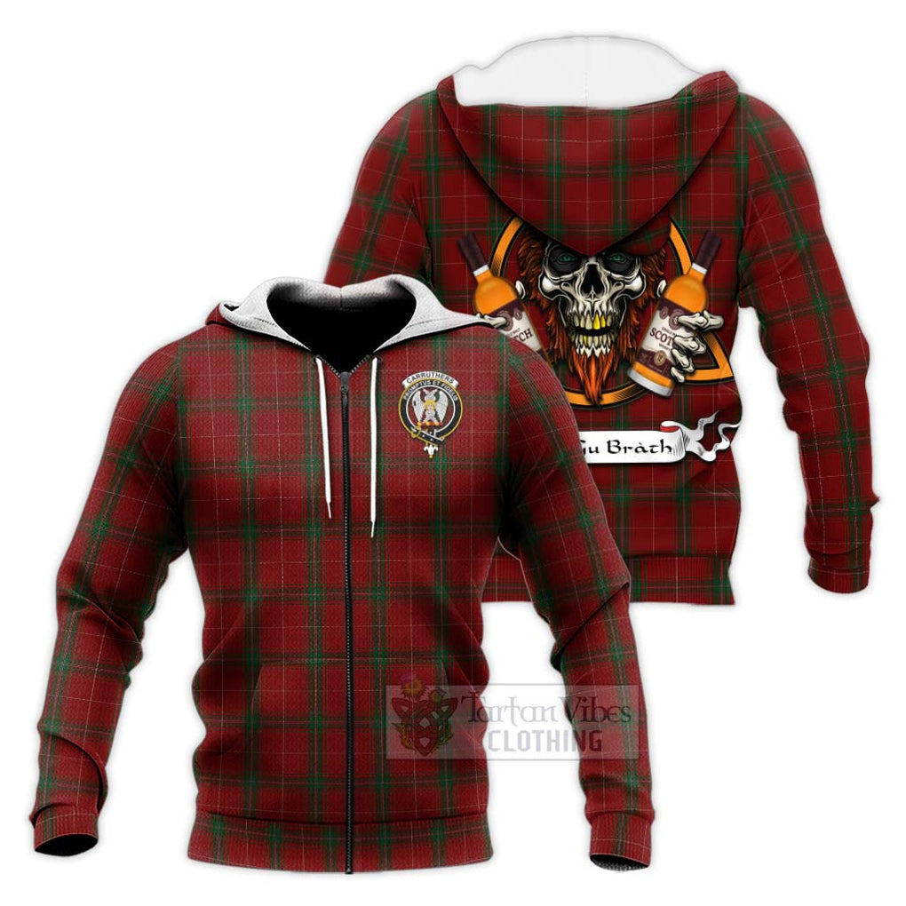 Tartan Vibes Clothing Carruthers Tartan Knitted Hoodie with Family Crest and Bearded Skull Holding Bottles of Whiskey