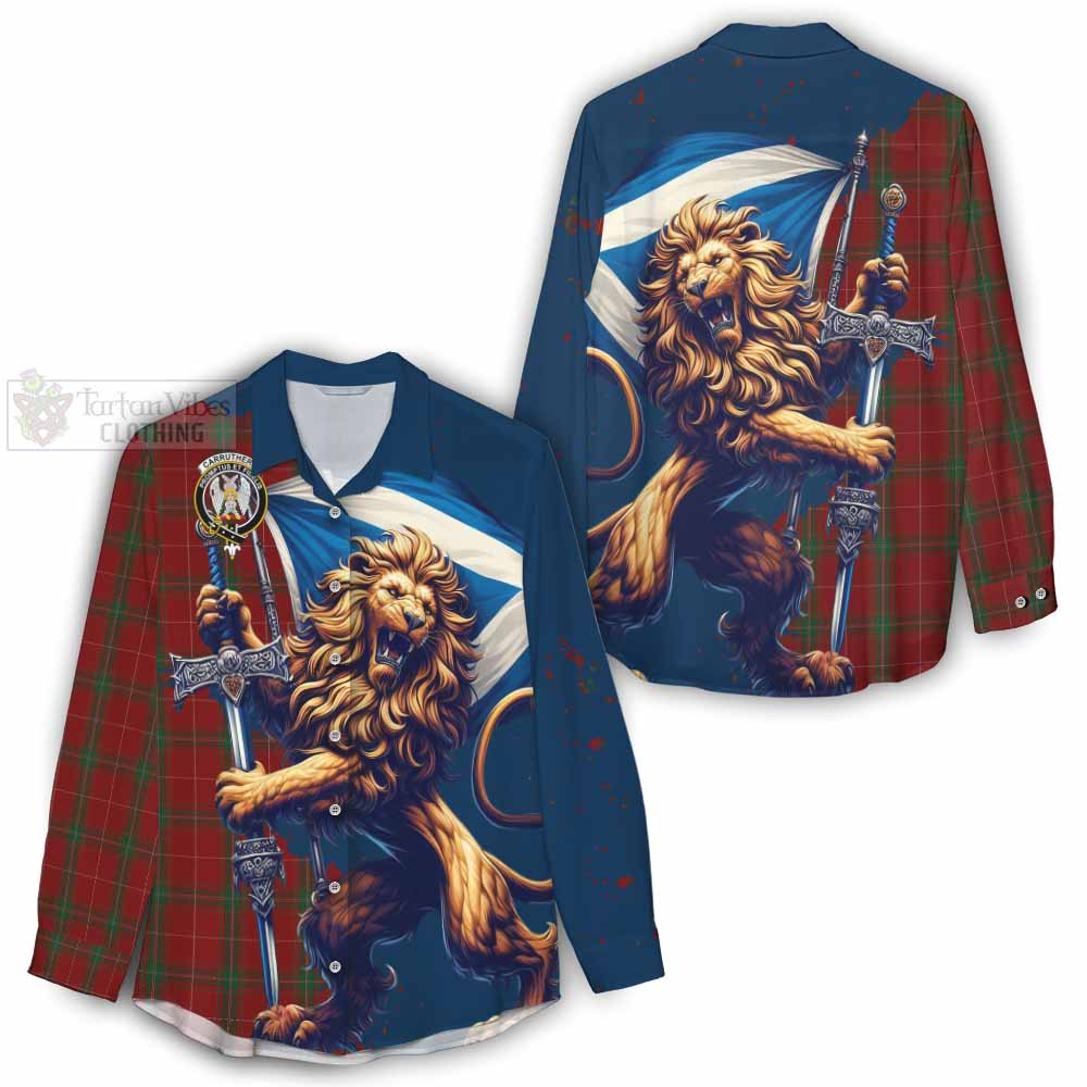 Tartan Vibes Clothing Carruthers Tartan Family Crest Women's Casual Shirt with Scottish Majestic Lion