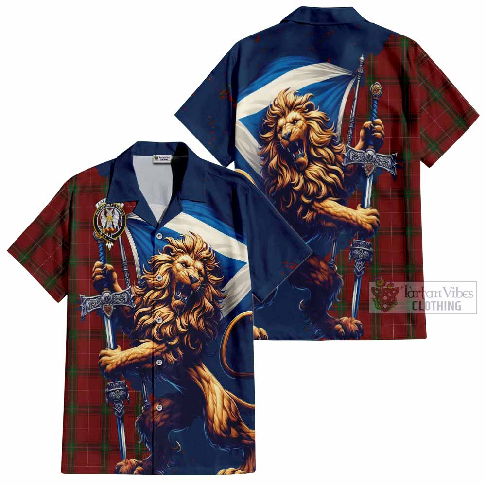 Tartan Vibes Clothing Carruthers Tartan Family Crest Short Sleeve Button Shirt with Scottish Majestic Lion