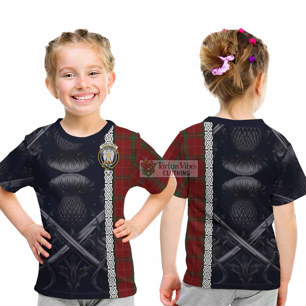 Tartan Vibes Clothing Carruthers Tartan Kid T-Shirt with Family Crest Cross Sword Thistle Celtic Vibes