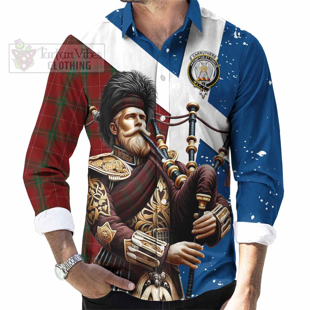 Tartan Vibes Clothing Carruthers Tartan Long Sleeve Button Shirt with Family Crest Scottish Bagpiper Vibes