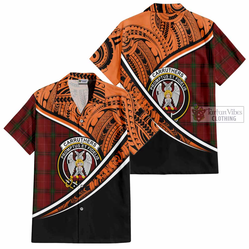 Tartan Vibes Clothing Carruthers Crest Tartan Short Sleeve Button Shirt with Maori Tattoo Style - Orange Version